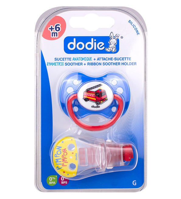 Dodie – Sucette forme anatomique + Attache sucette silicone (6M +) – Garçons