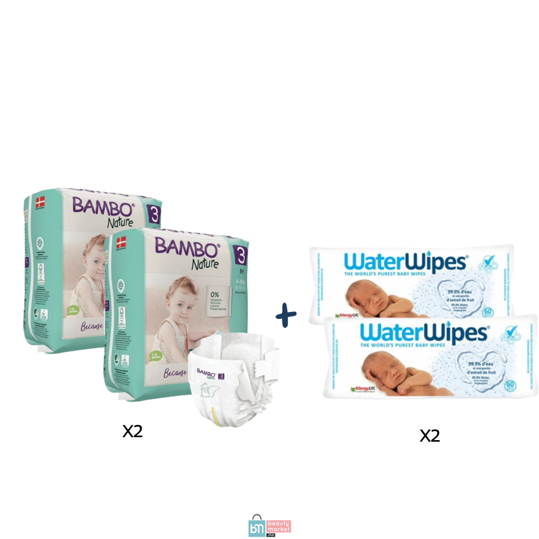 OFFRE X2 Bambo Nature Couches 3 + X2 WATERWIPES Lingettes Bébé 60 Pièc