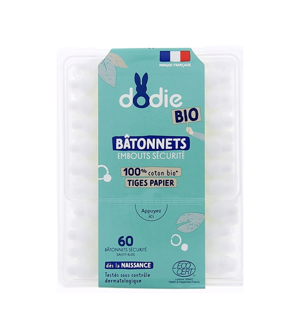 Dodie- bâtonnets Coton Bio embouts sécurité- 60 bâtonnets