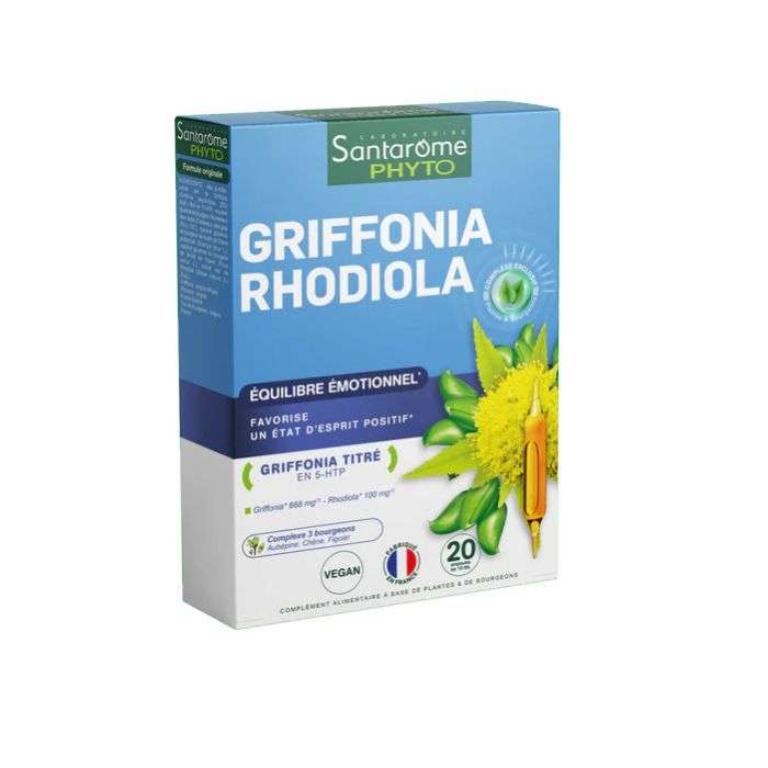 santarome-phyto-griffonia-rhodiola-20-ampoules-10-ml.jpg Santarome Phyto Griffonia Rhodiola – 20 Ampoules de 10 ml – Équilibre émotionnel & anti-stress – Image 1