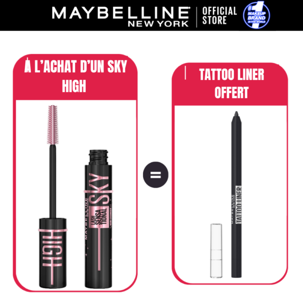 Maybelline Lash Sensational Sky High Noir – Mascara Longueur = Crayon Tattoo Studio 900 Deep Onyx Offert