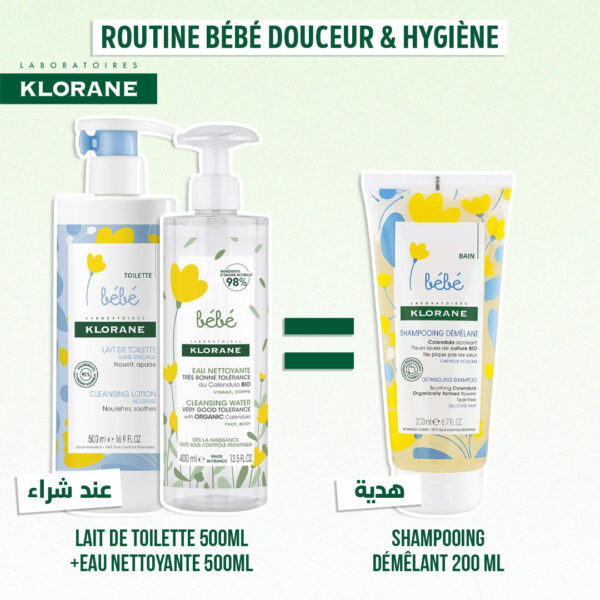 KLORANE BEBE EAU NETTOYANTE 500ML + LAIT DE TOILETTE 500ML = SHAMPOOING DÉMÊLANT 200 ML OFFERT