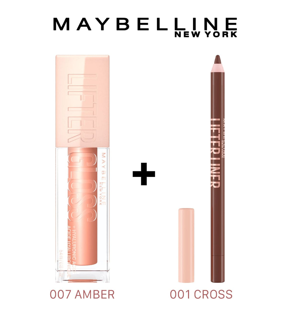 MAYBELLINE LIFTER GLOSS À LÈVRES REPULPANT 007 AMBER + LIFTER LINER NU 001 CROSS THE LINE