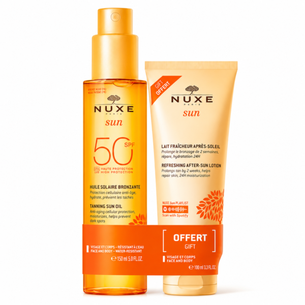 NUXE Sun Pack Huile Solaire Bronzante SPF50 150ml = Lait Fraîcheur Après-Soleil 100ml Offert